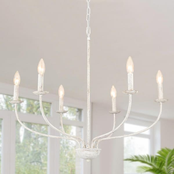 6-Light Distressed White Vintage Candle Chandelier Light 19A