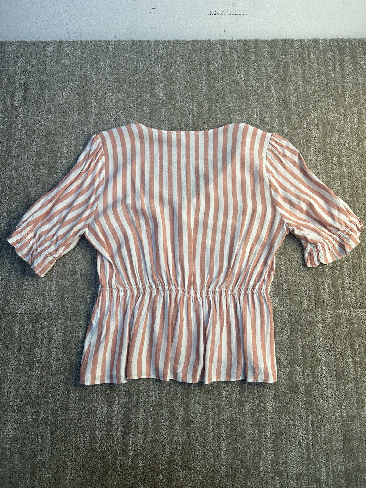 Madewell Top Blouse Pin Striped Button Up Short Sleeve Pink White Ruffled Sz XS 
