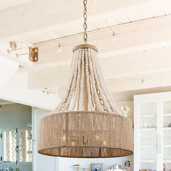 Farmhouse 17.7 in. 4-Light Antique Wood Beaded Chandelier W/ Jute Rope Shade 13A