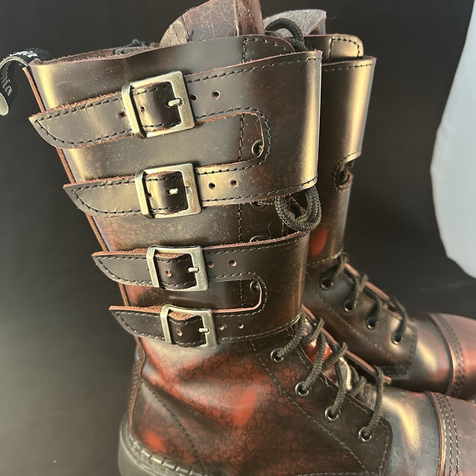 DEMONIA COMBAT TALL LACE-UP BUCKLE DISTRESSED DARK RED BOOTS SZ 9