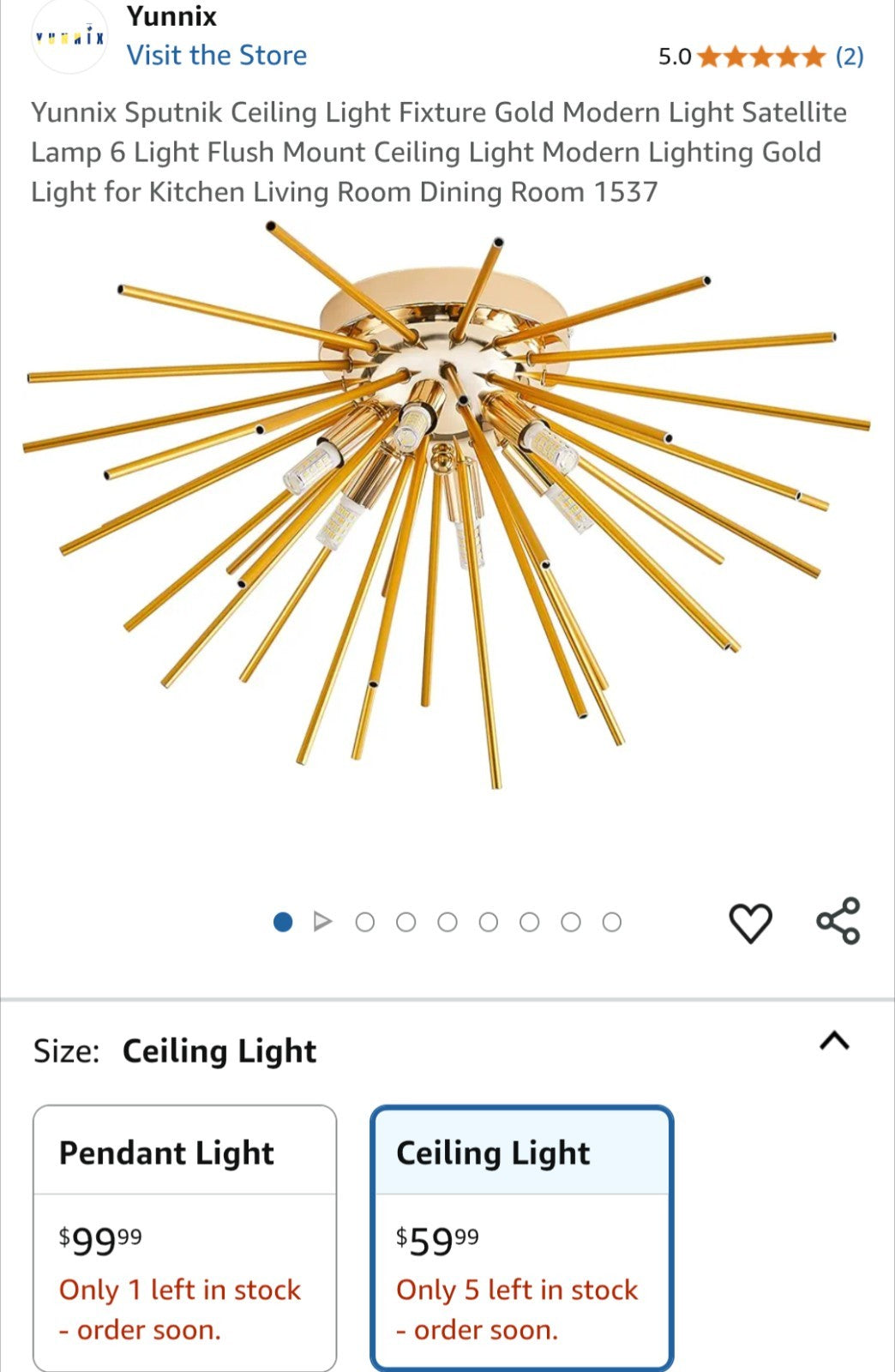Yunnix Sputnik Ceiling Light Fixture Gold Modern Light Satellite Lamp