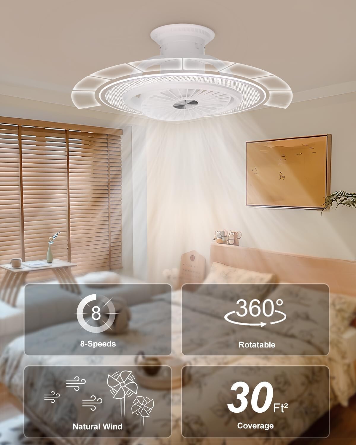 AONCIA 16" Ceiling Fan w/ Light & Remote, 8-Speed, Dimmable, Bladeless LED