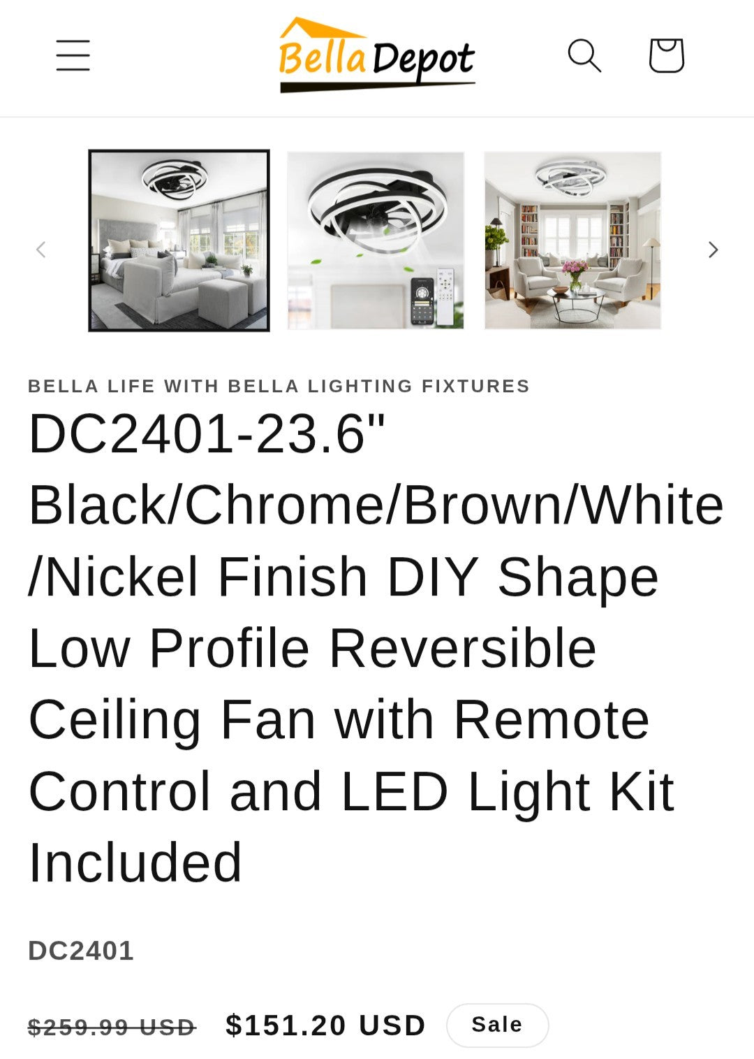 DC2401-23.6" Black Finish Ceiling Fan with Remote Control and LED Light Kit 16C