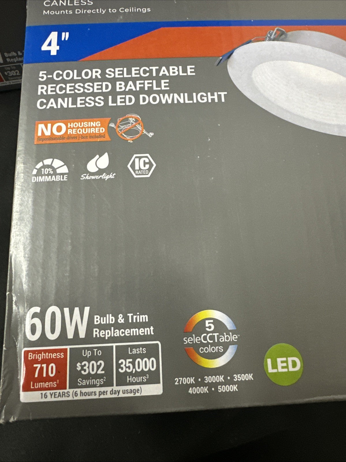 Halo Canless 4-inch 5-color Selectable Recessed Baffle LED Downlight 60W 10B