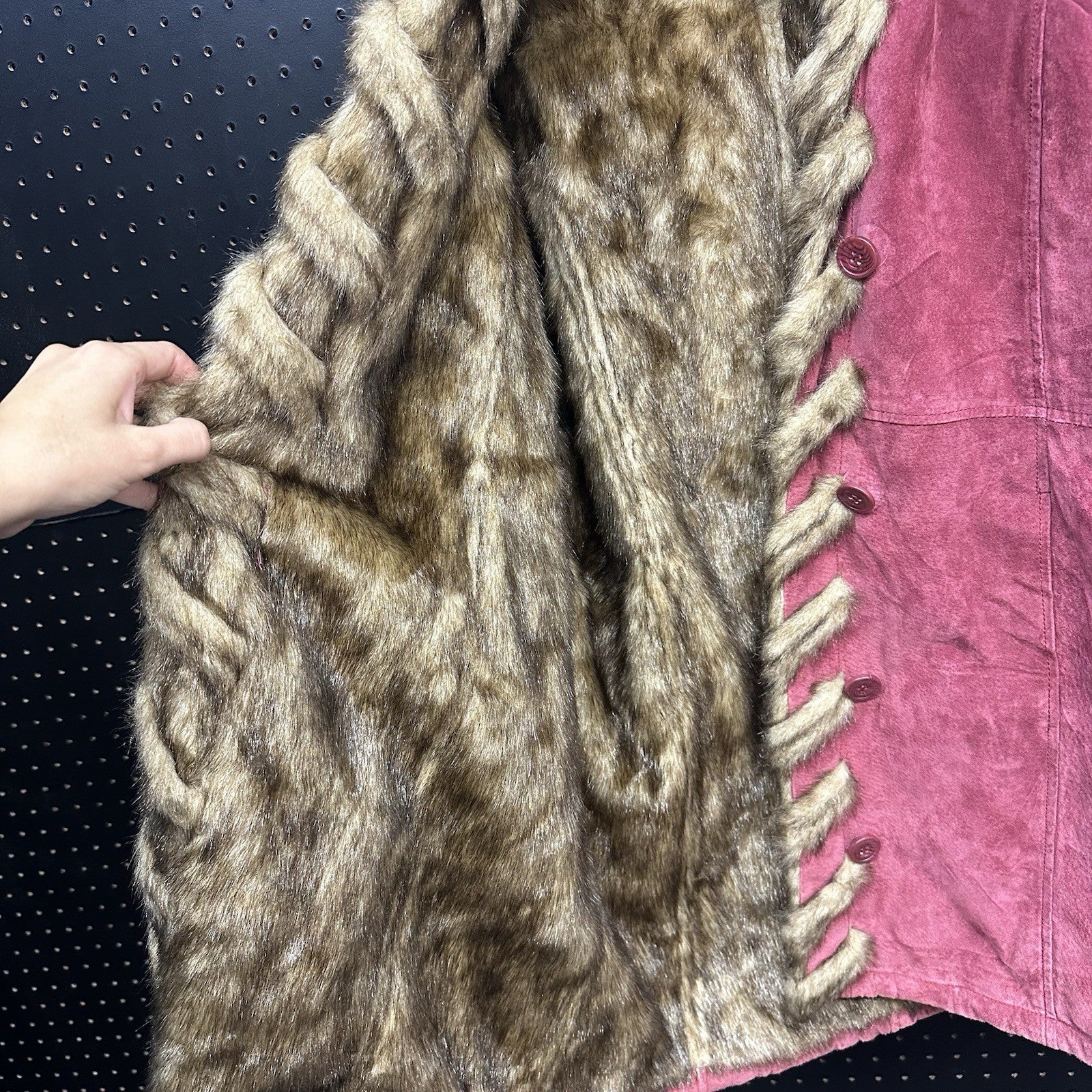 Vintage Dennis Basso Women's Burgundy Suede Leather Faux Fur Lined Coat Medium