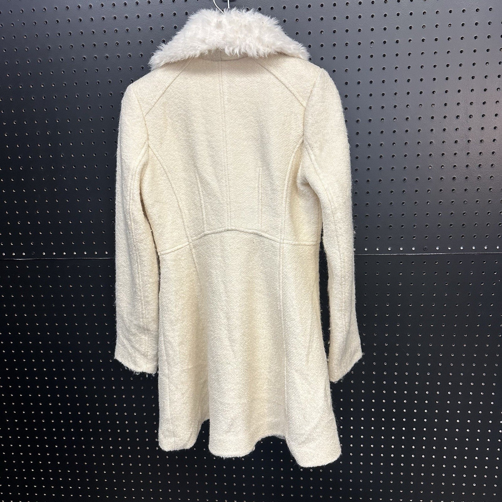 Women’s Small Guess Winter Cream Peacoat Faux Fur Shawl Collar Double Breasted