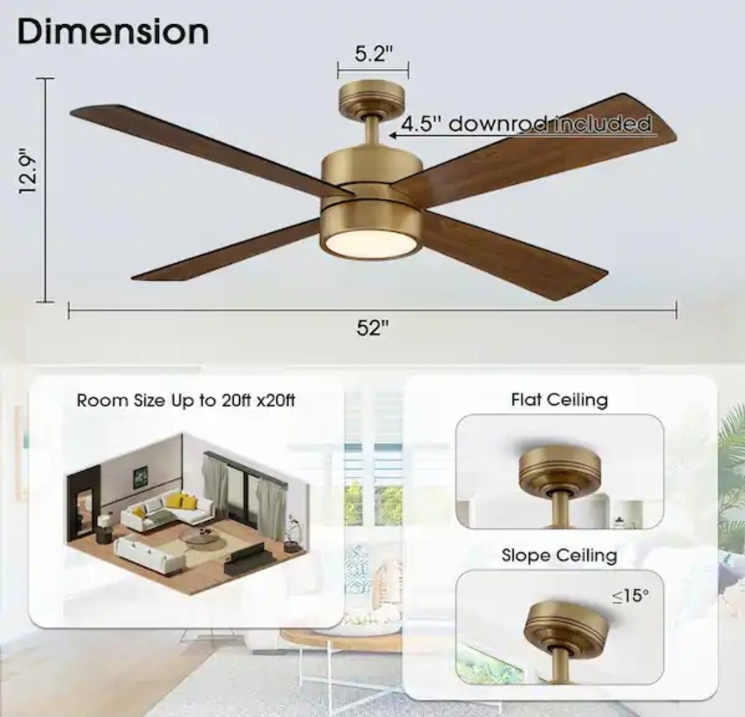 IHOMEadore 52" LED Indoor Natural Brass Ceiling Fan with Light & Remote 19A