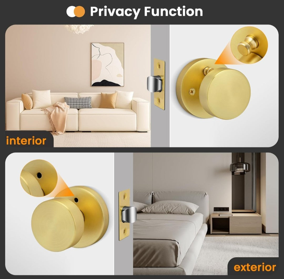 4 Pack Gold Door Knobs, Round Ball, Brushed Gold, Privacy Knobs 14E