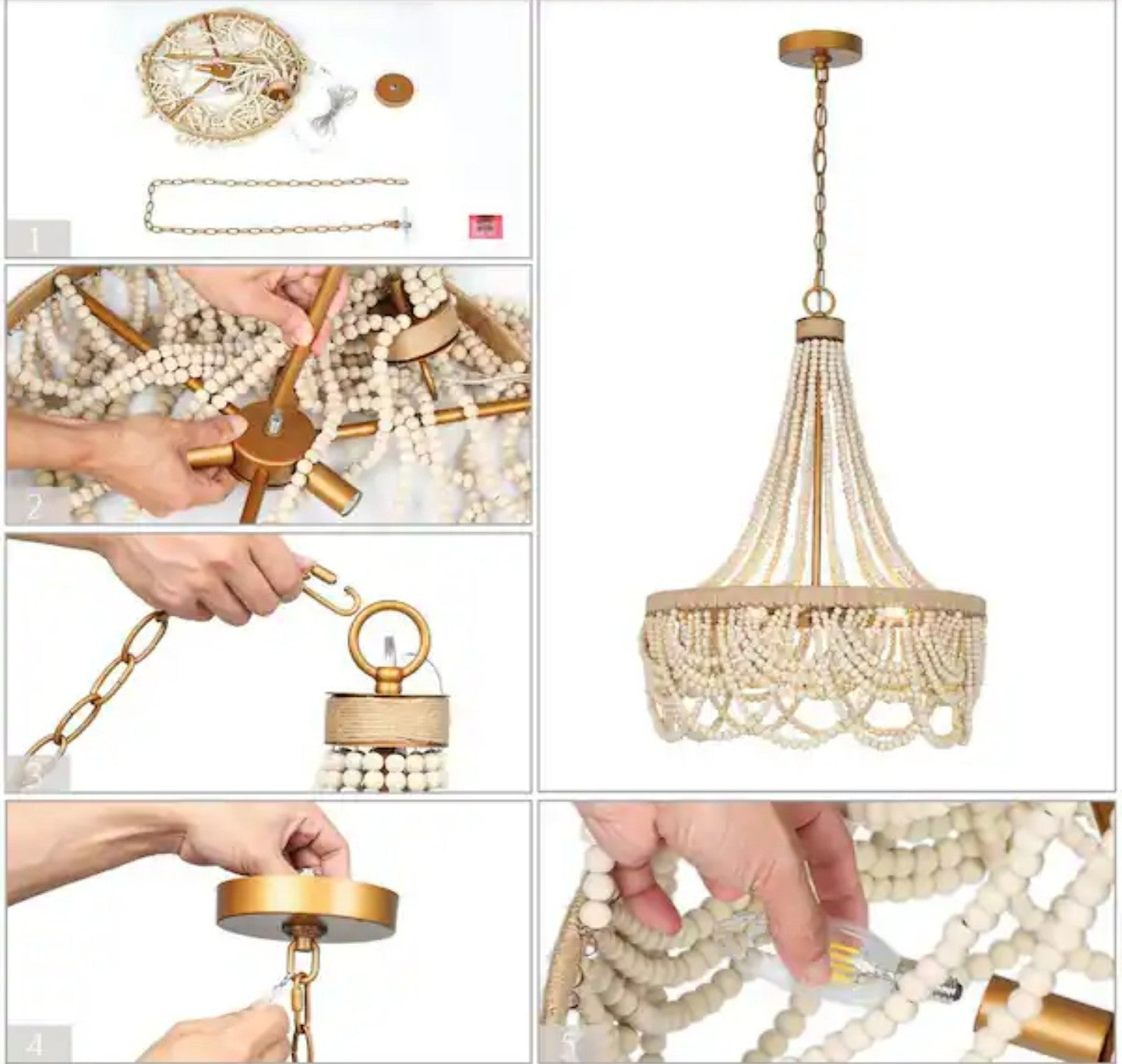 Uolfin Modern Farmhouse Empire Beaded Chandelier, 3-Light Antique Gold 16C