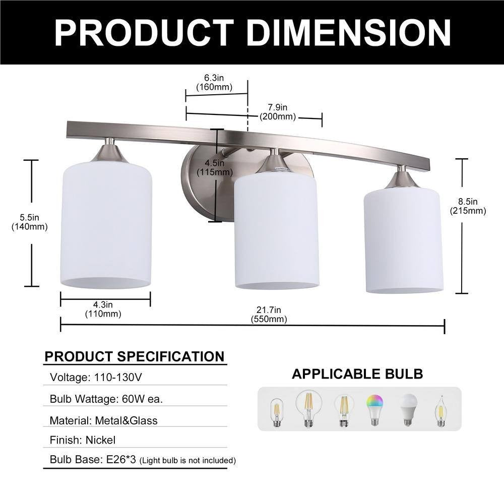 22 in. 3 Light Nickel Modern Cylinder Vanity Light for Bathroom