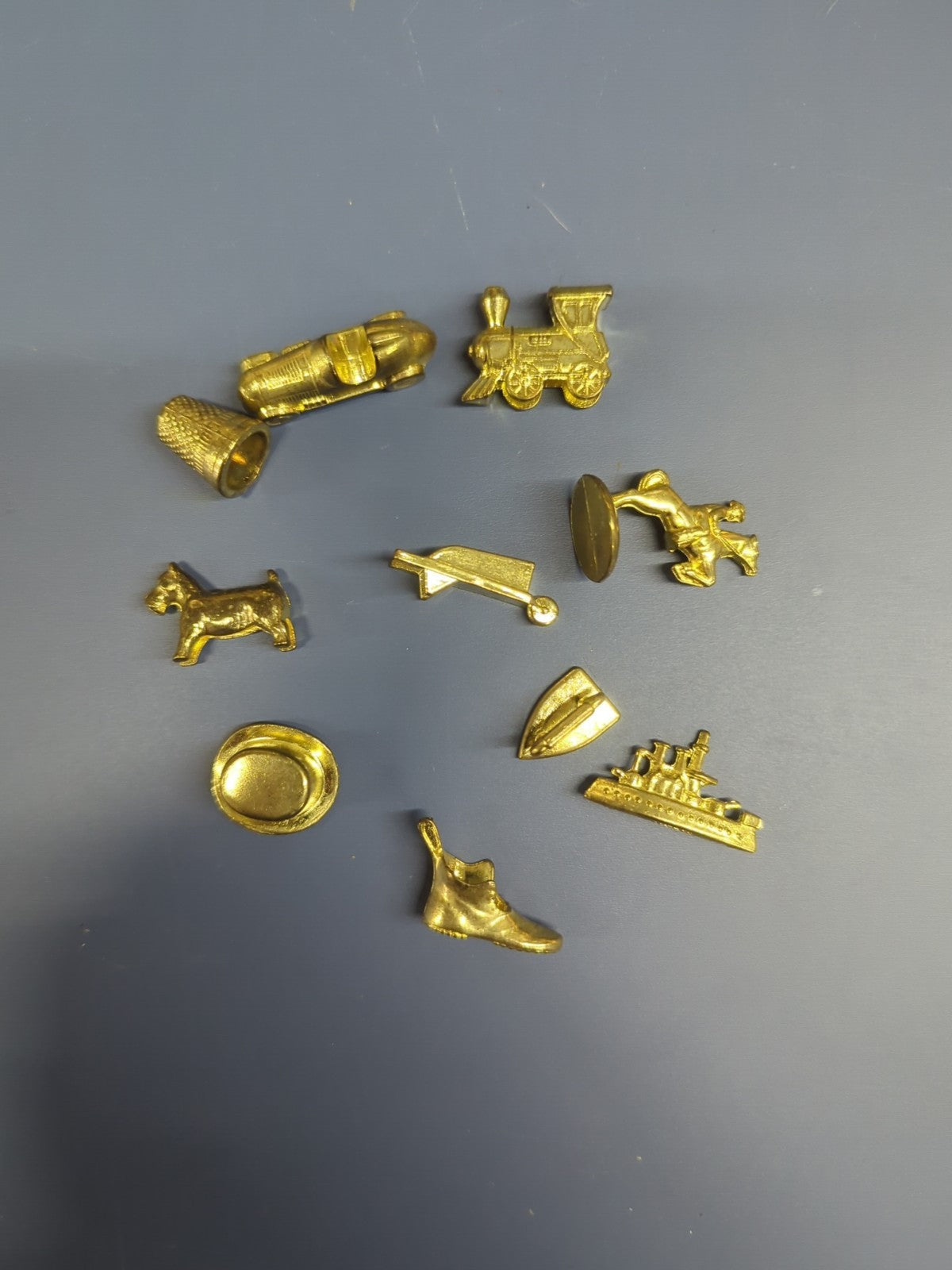 10 Piece Golden Monopoly Piece, Train, Horse, Ship, Shoe, Dog, Wheelbarrow, Etc