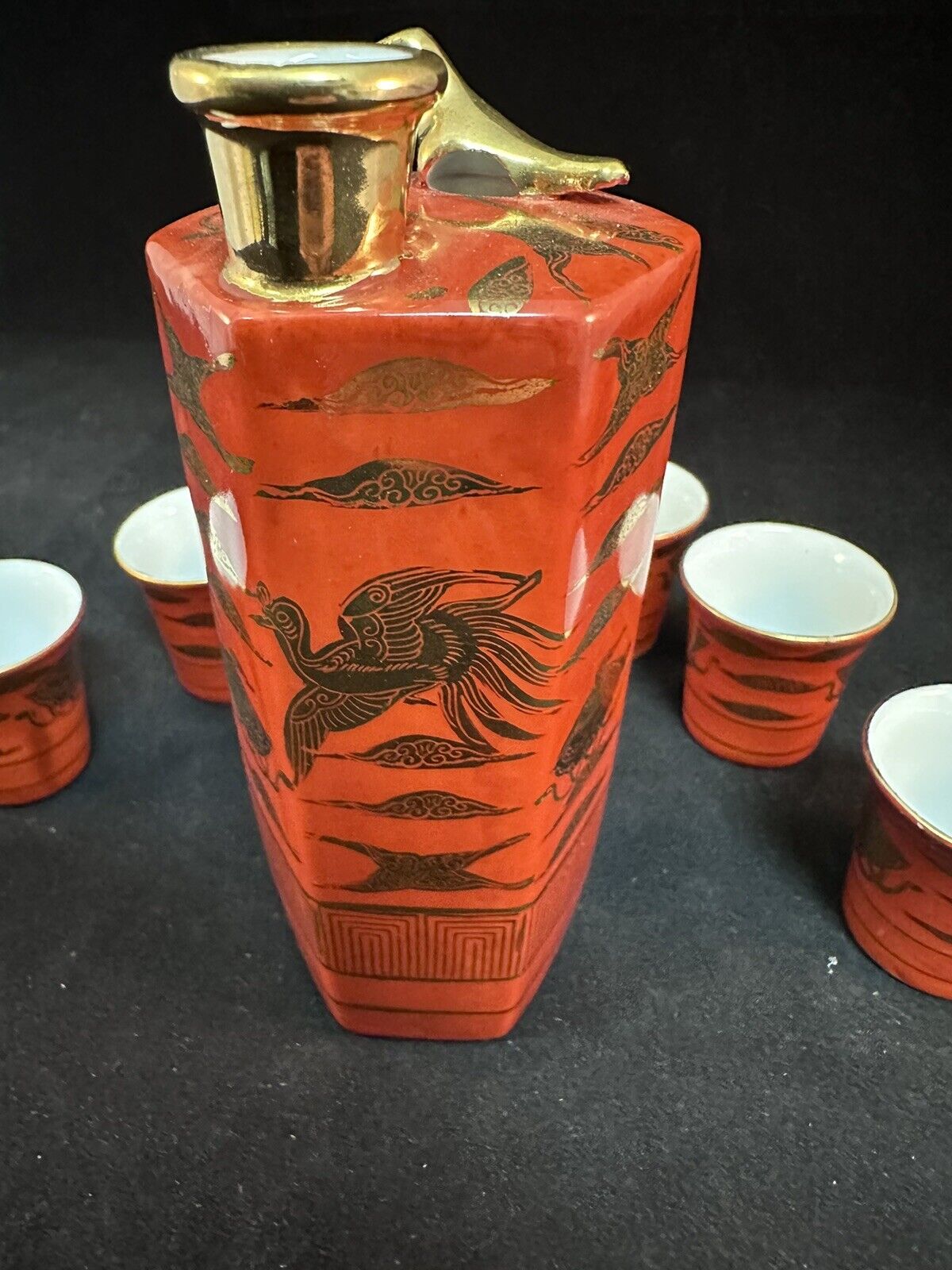 Japanese Gekkeikan Sake Co Ltd Anniversary Set 1950's Cinnabar Red & Gold Glaze