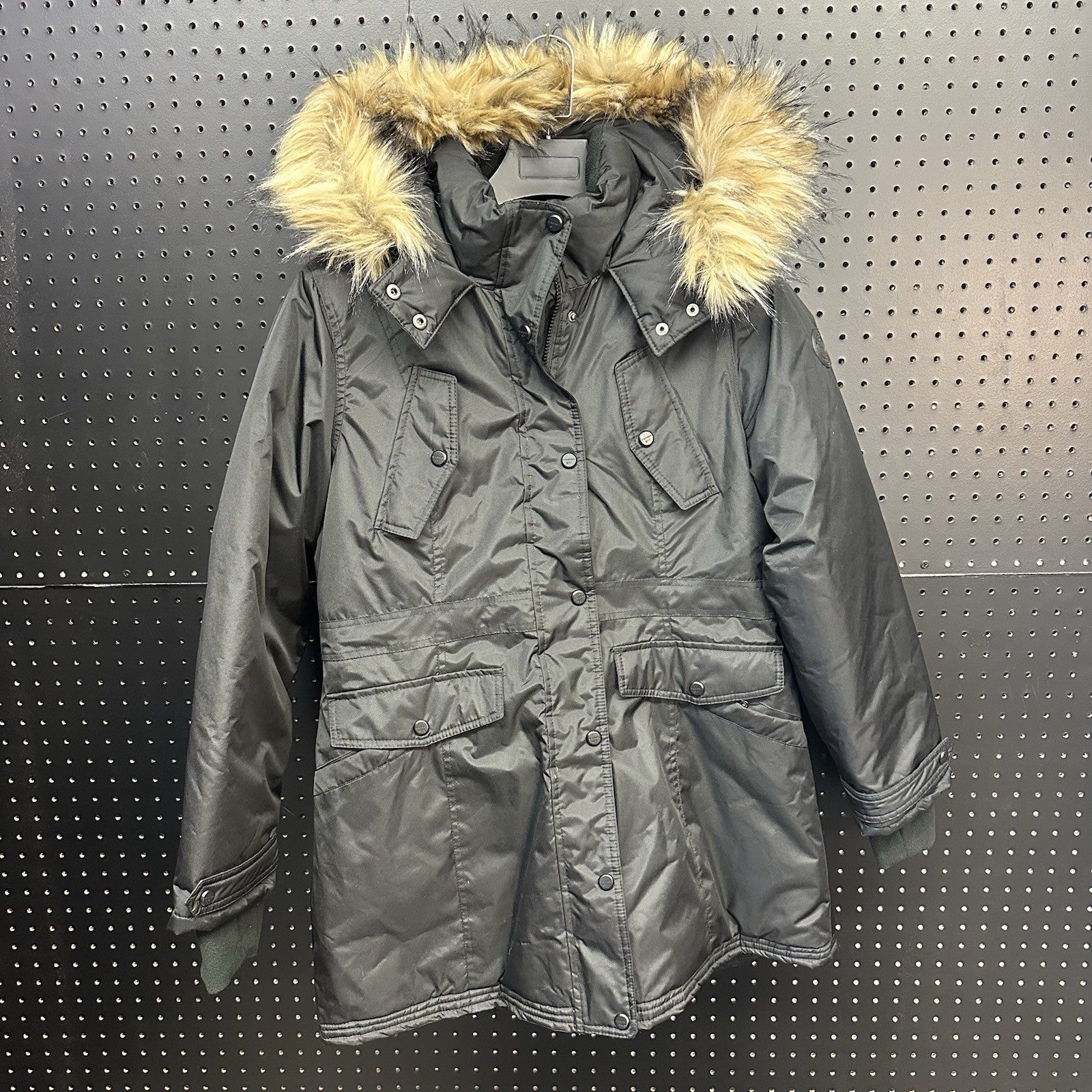 Juniors' Madden Girl Faux Fur Hood Parka Jacket Size Large Black