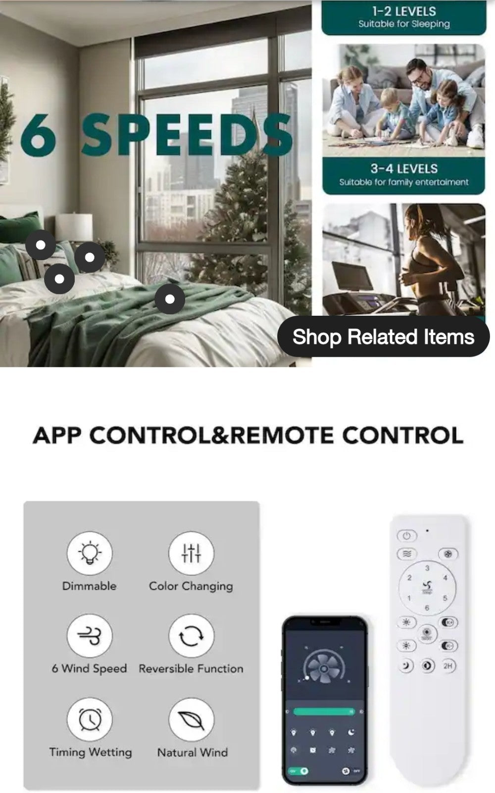 WDETR 19 in. Modern Flush Mount Ceiling Fan, LED Light and Remote Control 17A