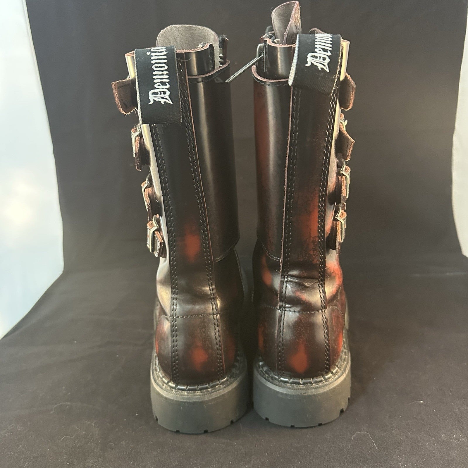 DEMONIA COMBAT TALL LACE-UP BUCKLE DISTRESSED DARK RED BOOTS SZ 9
