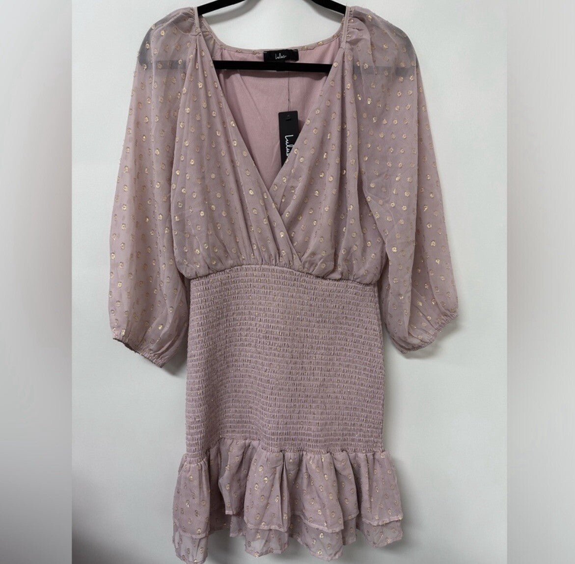 Lulu’s Mauve With Gold Dots Mini Dress NWT Size Large