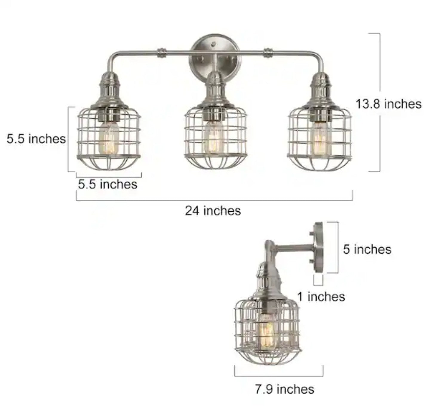3-Light Nickel Modern Industrial Cage Silver Linear Wall Sconce Vanity Light 19A