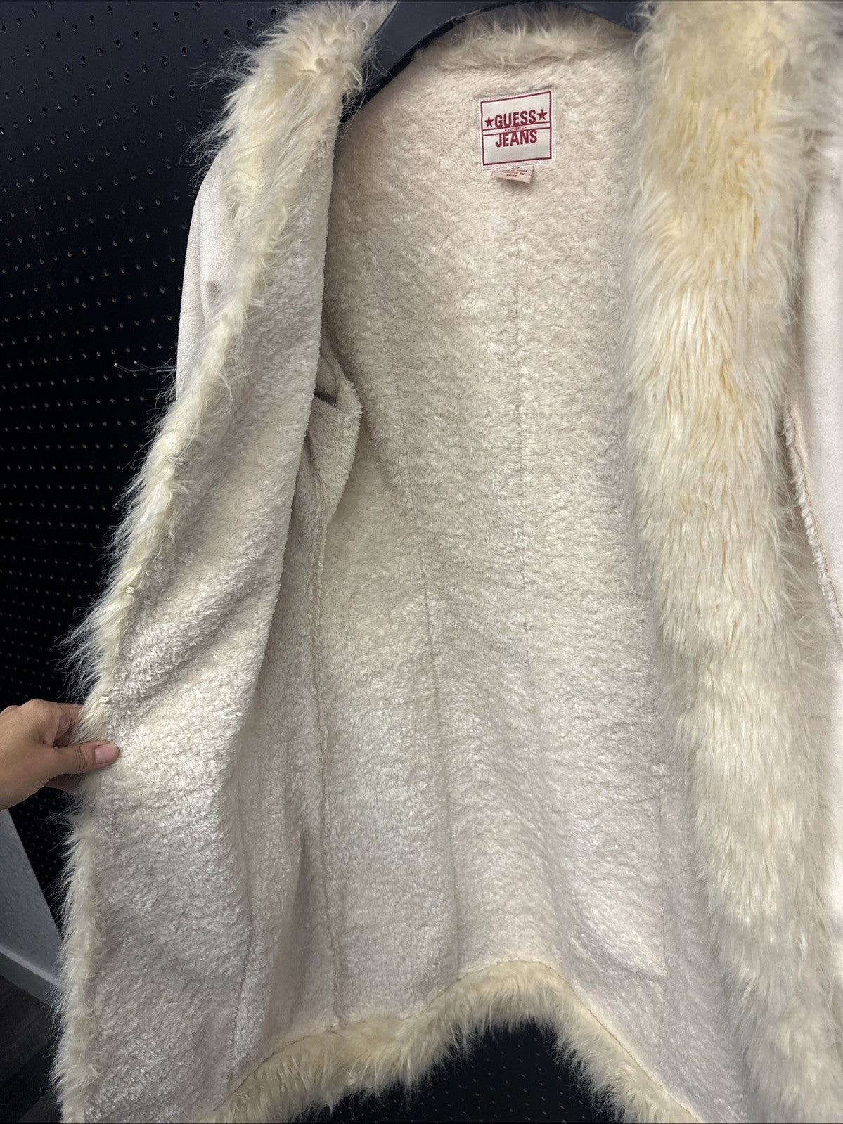Women’s Vintage Guess Jeans Faux Suede Faux Fur Trim Coat Y2K Ivory/ Cream Glam