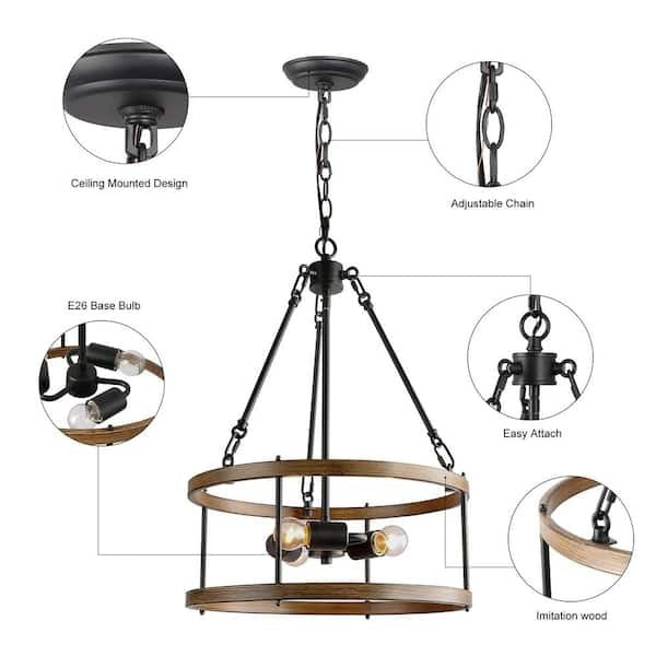 LNC Brown Drum Chandelier 3-Light Cage Black Pendant Farmhouse Chandelier 19A
