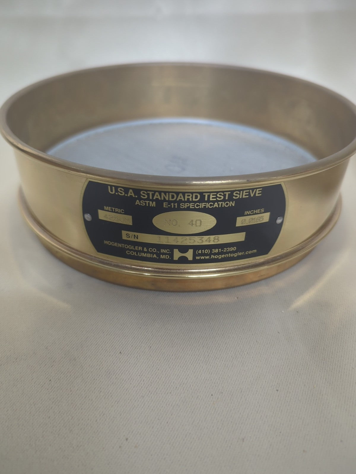 Hogentogler US Standard Test Sieve No. 40, 0.0165 Inches