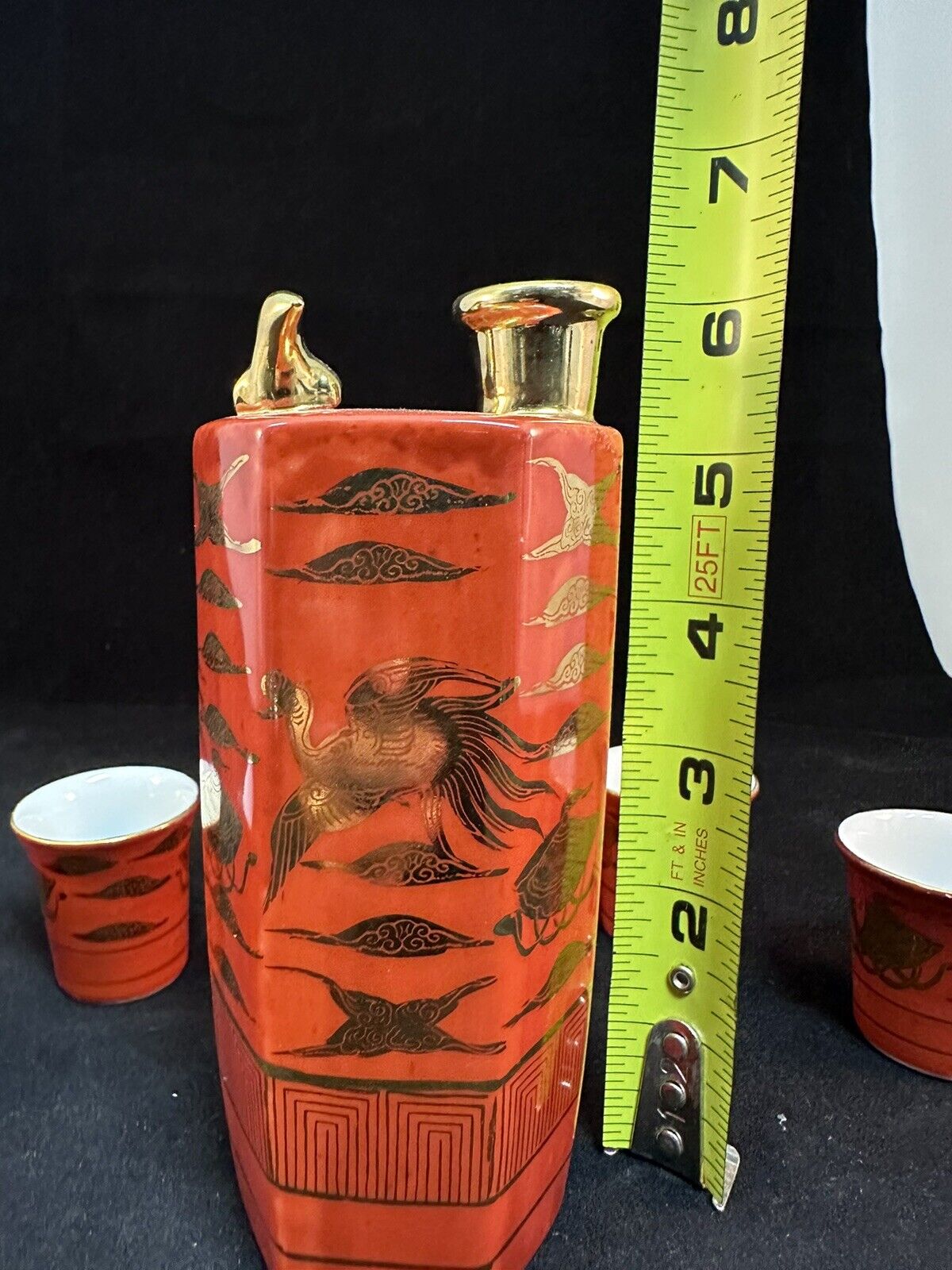 Japanese Gekkeikan Sake Co Ltd Anniversary Set 1950's Cinnabar Red & Gold Glaze