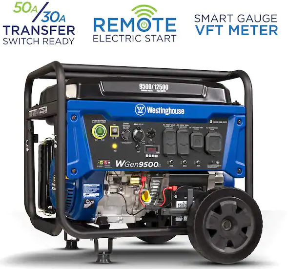 12,500/9,500-Watt Gas Powered Portable Generator with Remote Electric Start, 50 Amp Outlet