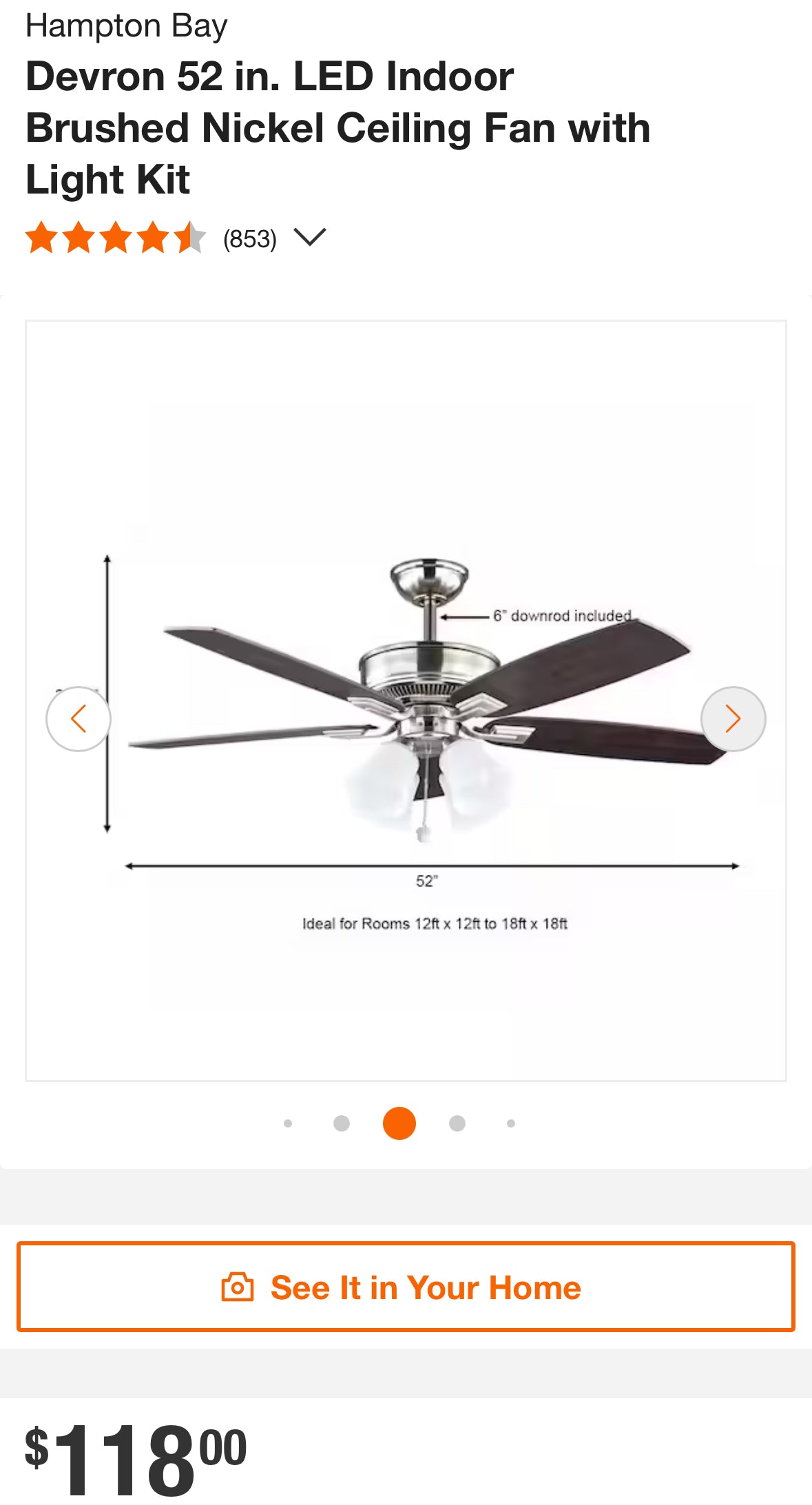 Hampton Bay Devron 52 in. LED Indoor Brushed Nickel Ceiling Fan with Light Kit (2 available)