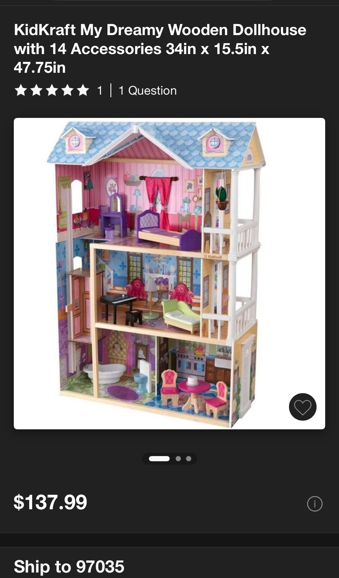 KidKraft My Dreamy Wooden Dollhouse w/ some accessories 34in x 15.5in x 47.75in