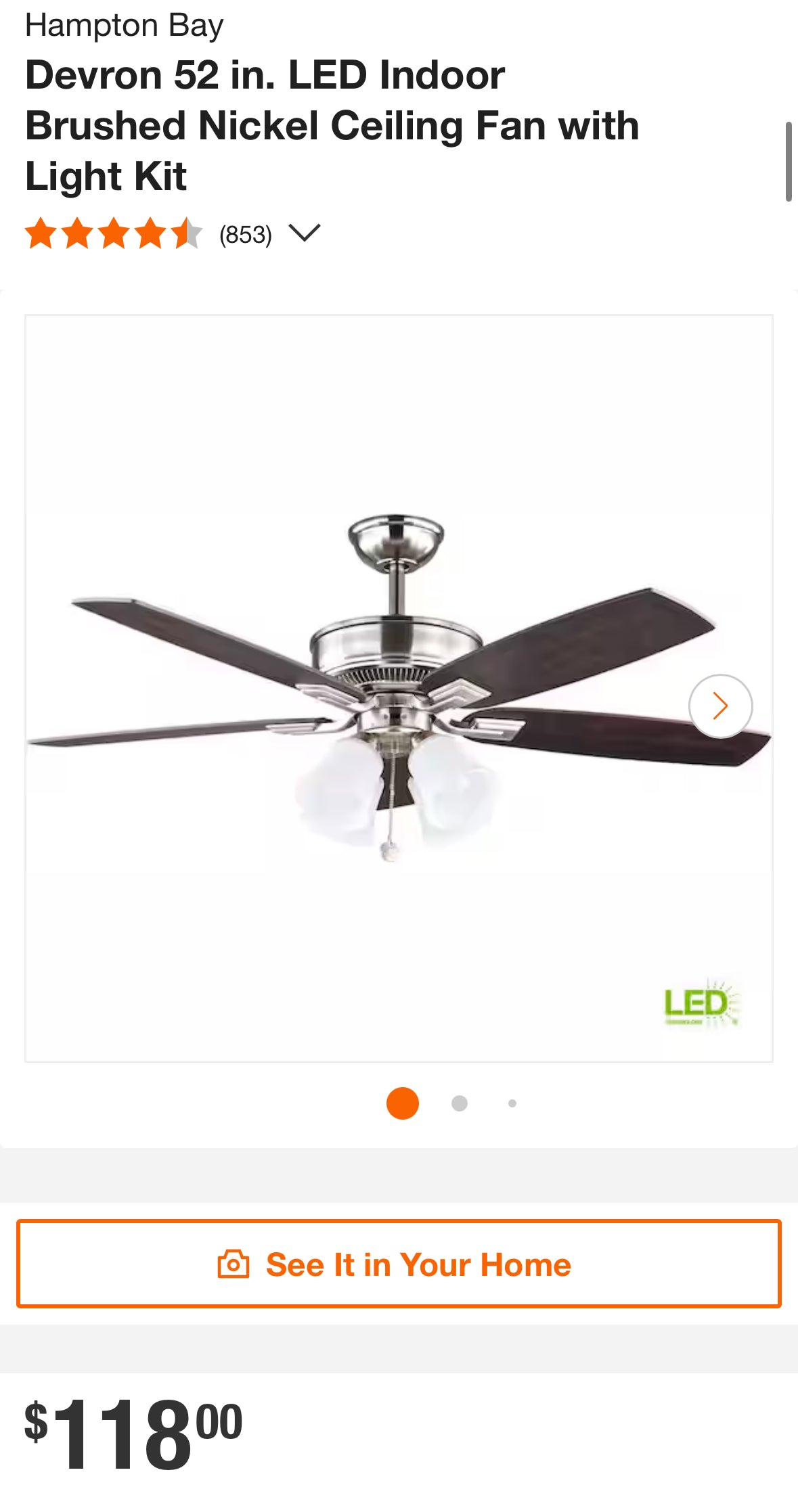 Hampton Bay Devron 52 in. LED Indoor Brushed Nickel Ceiling Fan with Light Kit (2 available)