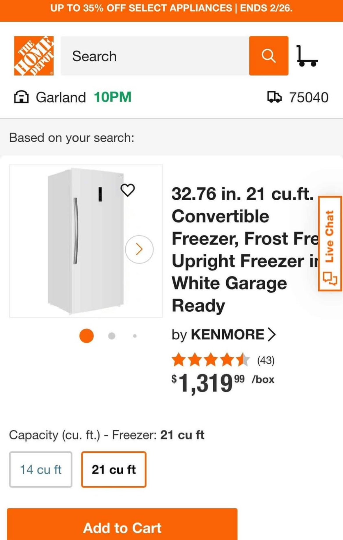 Kenmore New Upright Freezer 21 cu. ft.