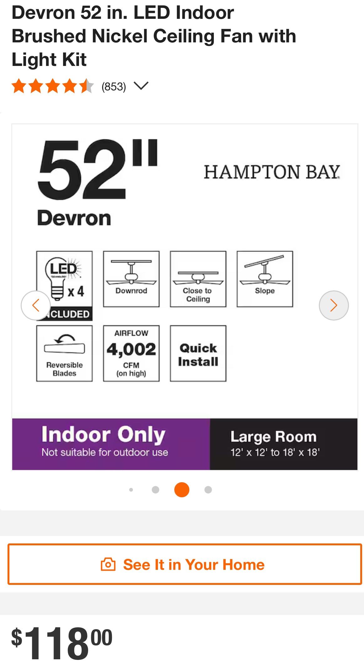Hampton Bay Devron 52 in. LED Indoor Brushed Nickel Ceiling Fan with Light Kit (2 available)