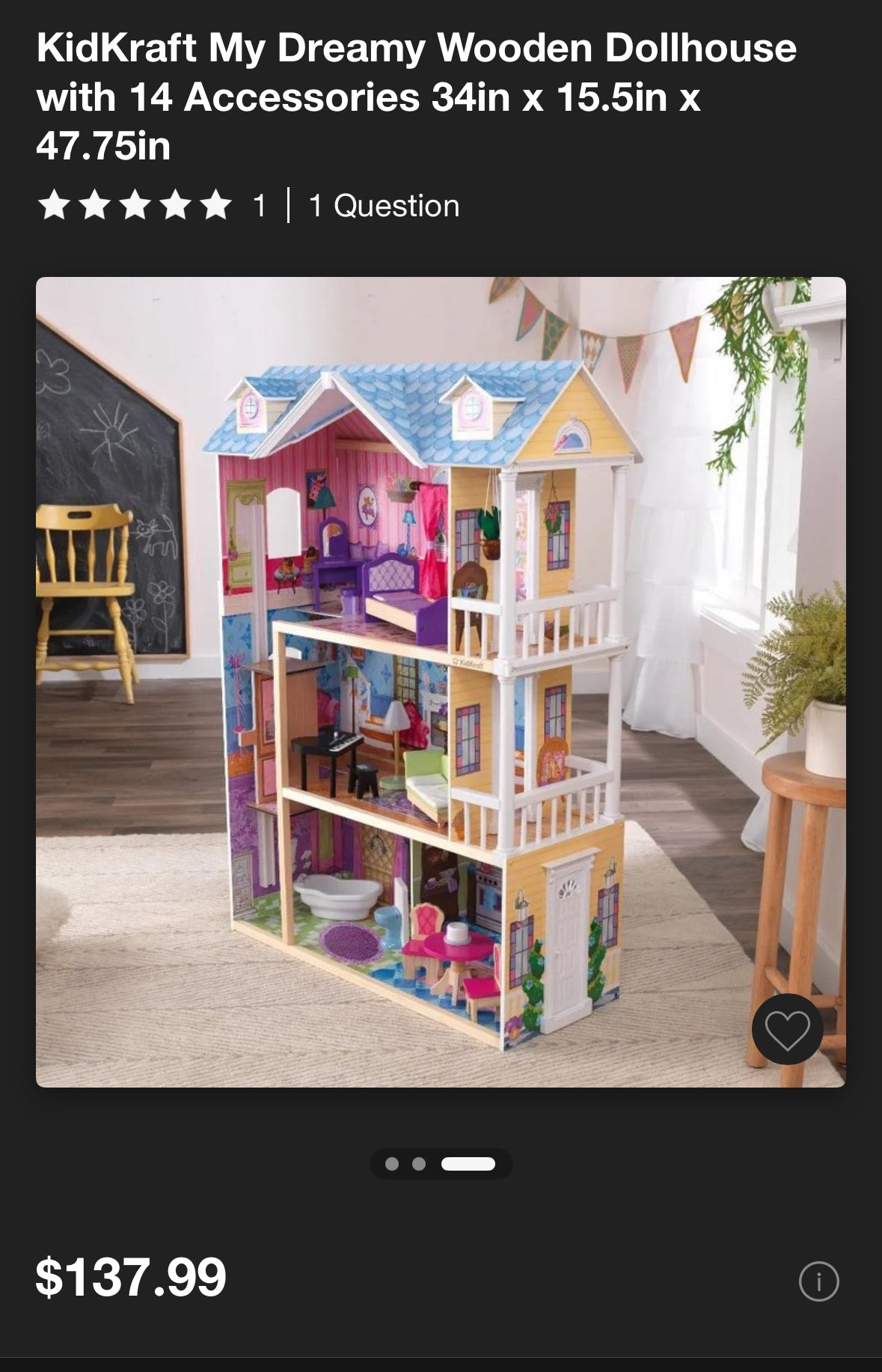 KidKraft My Dreamy Wooden Dollhouse w/ some accessories 34in x 15.5in x 47.75in
