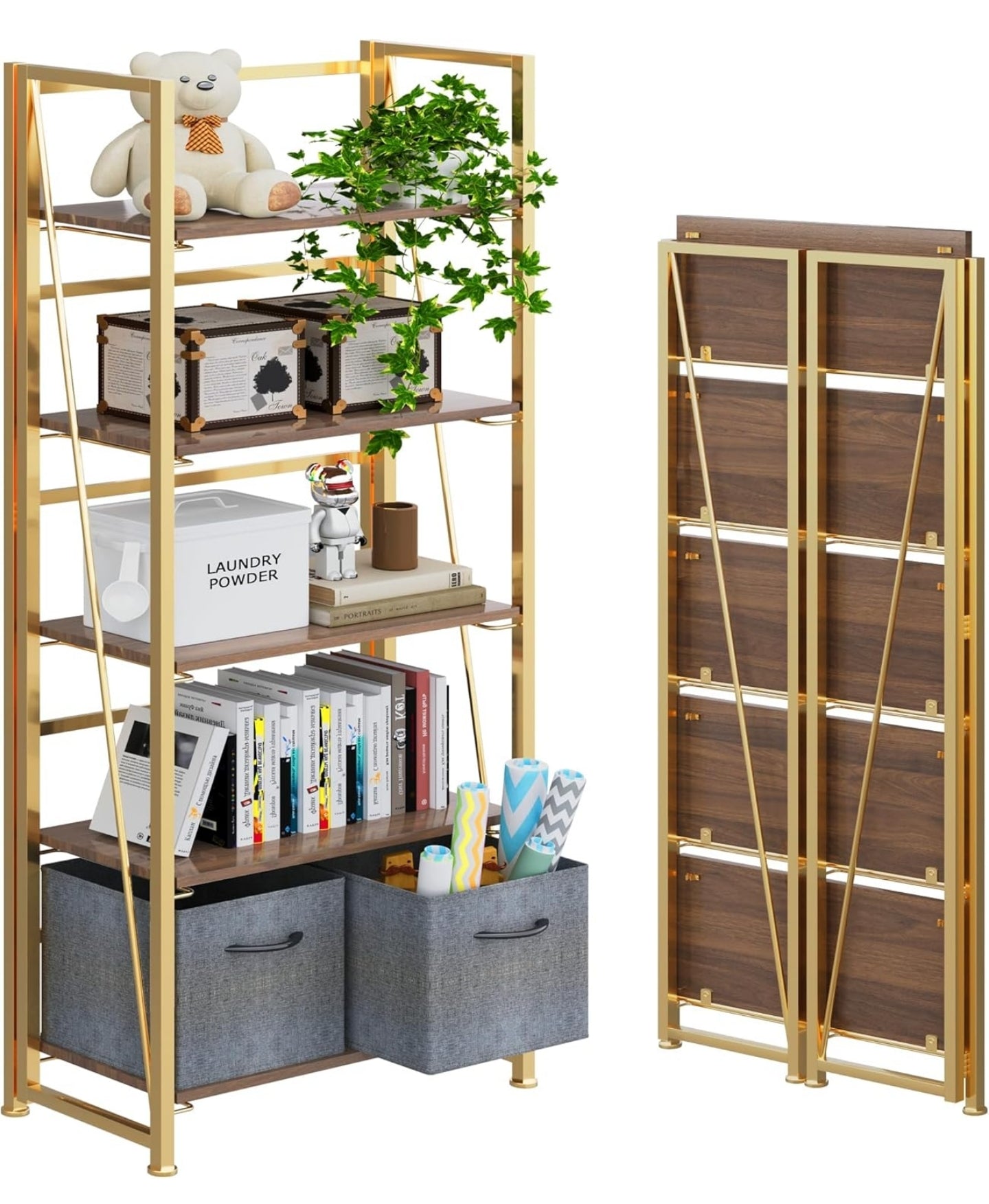 Folding Bookshelf Storage Shelves 5 Tiers Vintage Bookcase Standing Racks Study Organizer Home Office