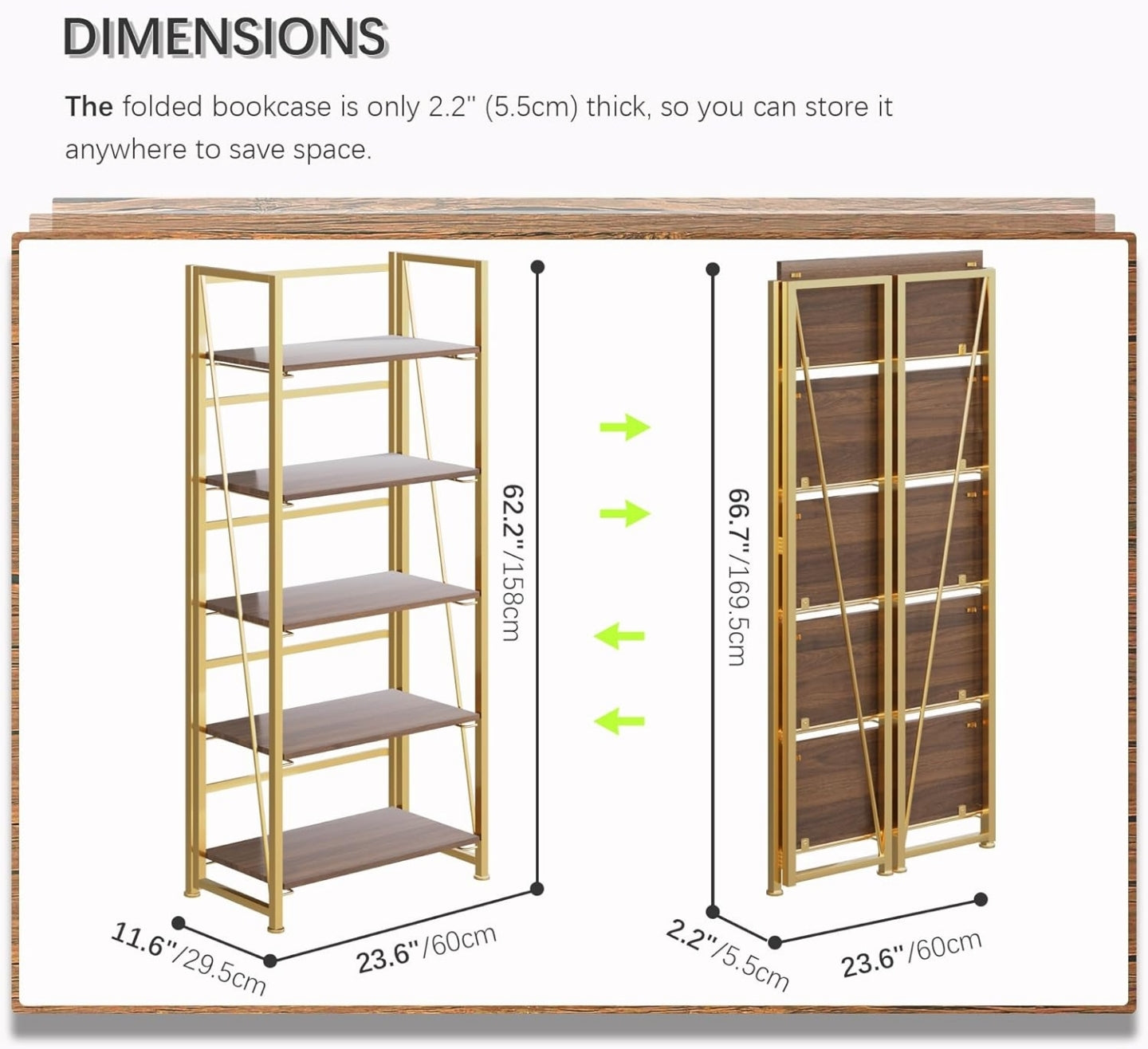 Folding Bookshelf Storage Shelves 5 Tiers Vintage Bookcase Standing Racks Study Organizer Home Office