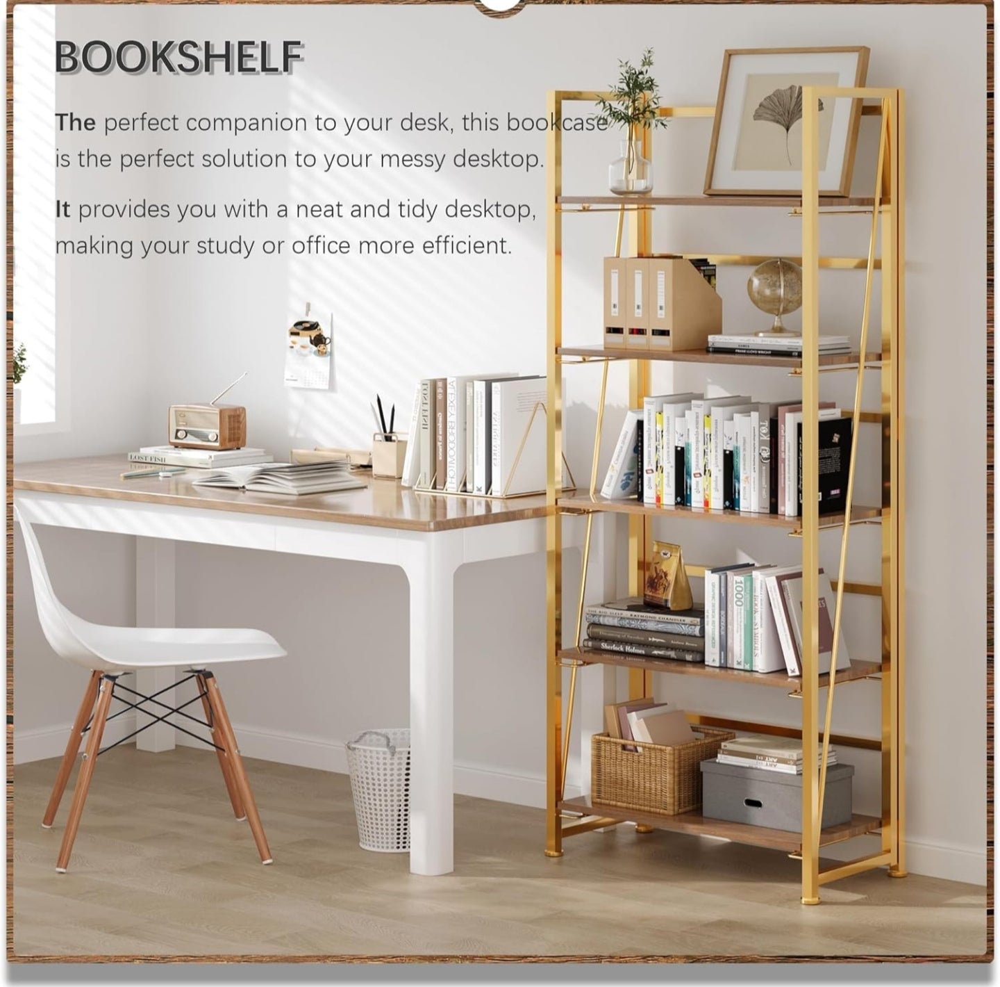 Folding Bookshelf Storage Shelves 5 Tiers Vintage Bookcase Standing Racks Study Organizer Home Office
