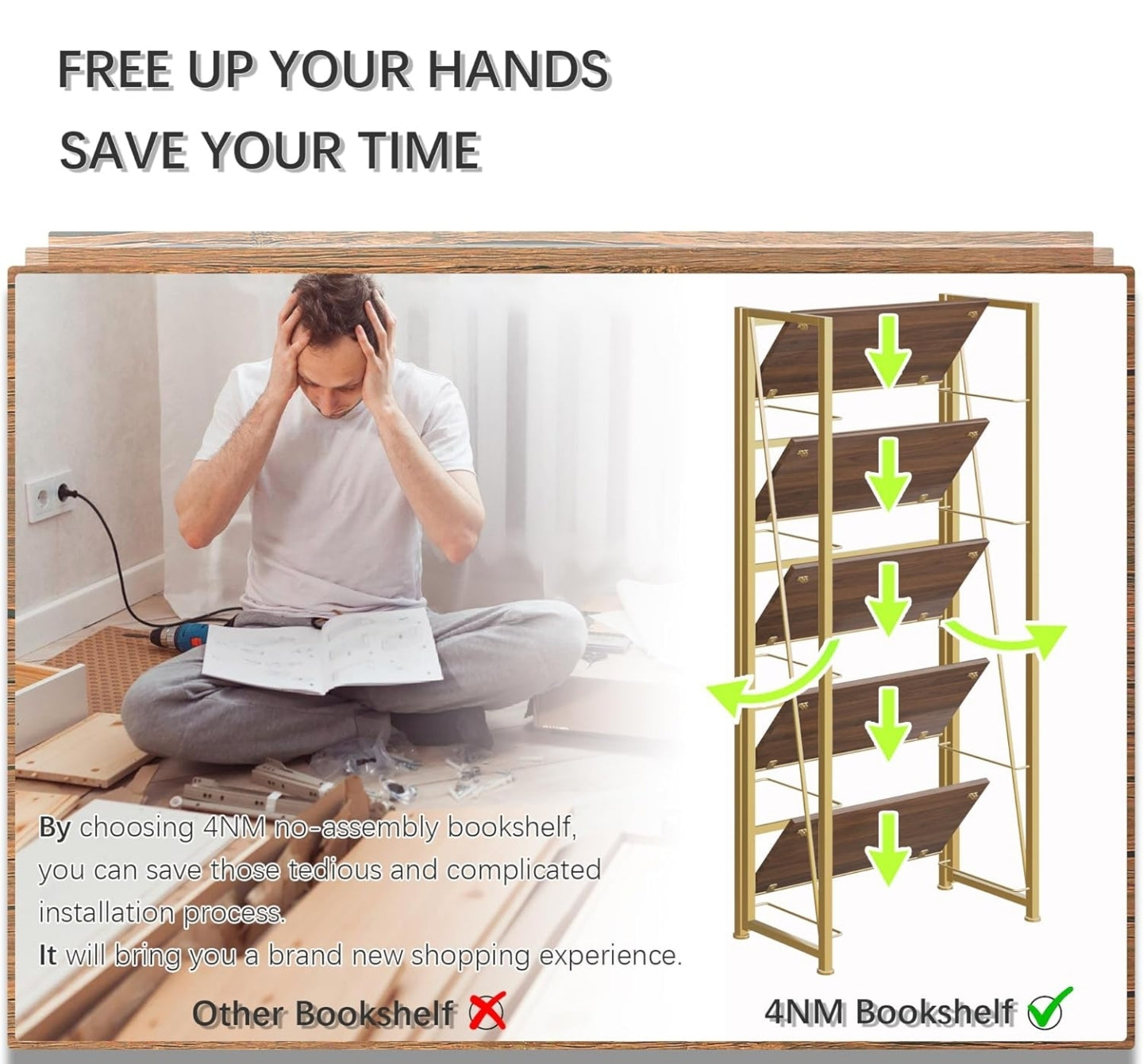 Folding Bookshelf Storage Shelves 5 Tiers Vintage Bookcase Standing Racks Study Organizer Home Office