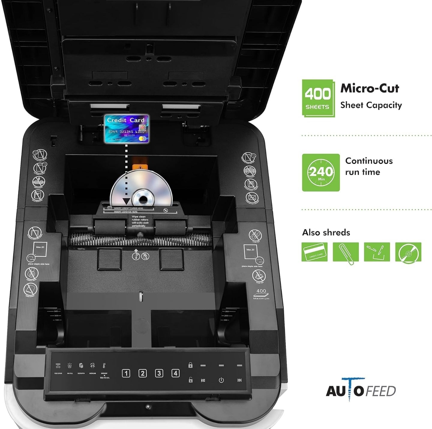Aurora Commercial Grade 400-Sheet Auto Feed High-Security Micro-Cut Paper Shredder/ 240 Minutes/Sec