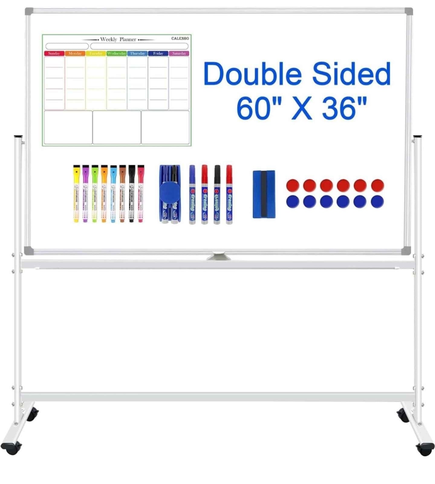 60X36, Double-Sided Mobile Magnetic Whiteboard on Wheels, 5' x 3' Whiteboard with Stands, Dry Erase