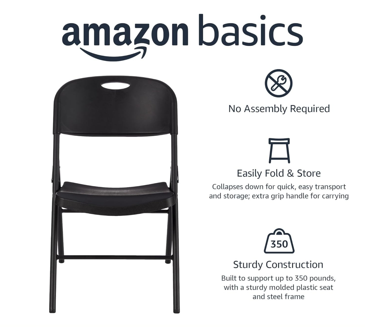 Amazon Basics Foldable Plastic Chair with 350-Pound Capacity - Black