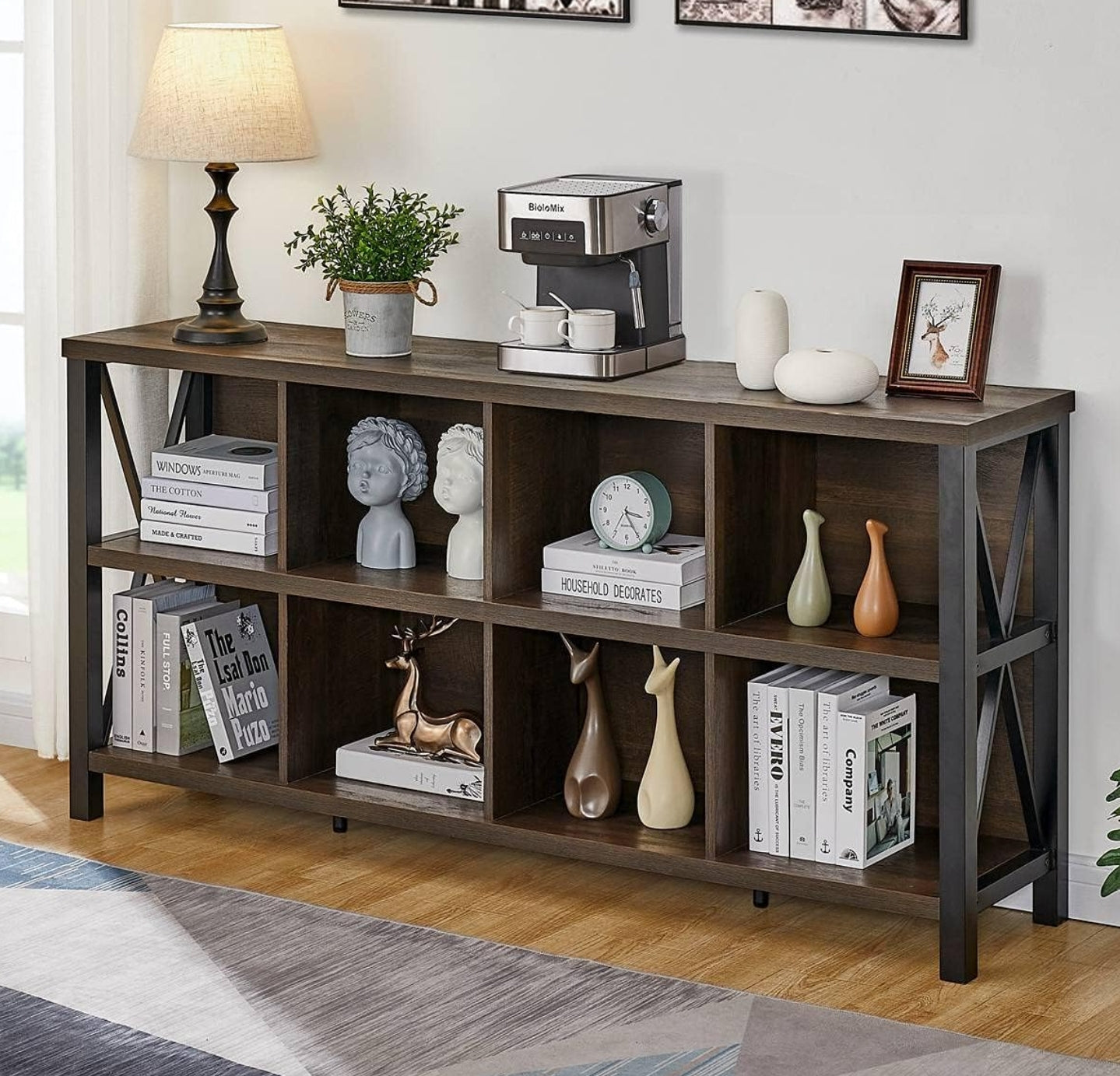 FATORRI 8 Cube Storage Organizer Bookshelf, Rustic Wood Cubby Bookcase, Industrial Horizontal Long Shelf for Living Room (Walnut Brown, 62 Inch)