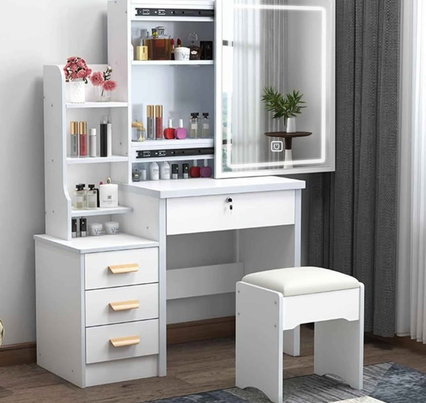 Kids Vanity Desk with Mirror and Lights, 3 Lighting Modes, European Style Dressing Table