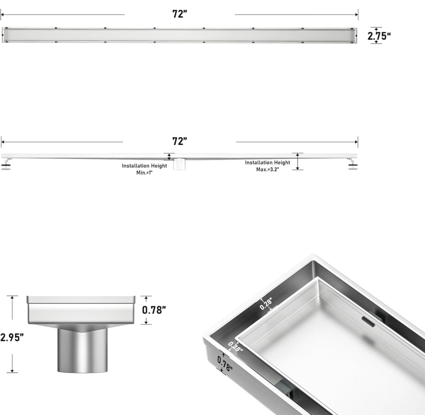 Linear Shower Drain 72" Brushed 304 Stainless Steel | Fast Drainage | Tile Inserted | Stainless Floor Drain Grate | Hair Strainer | Drain Key | The Upgrade for Your Bathroom