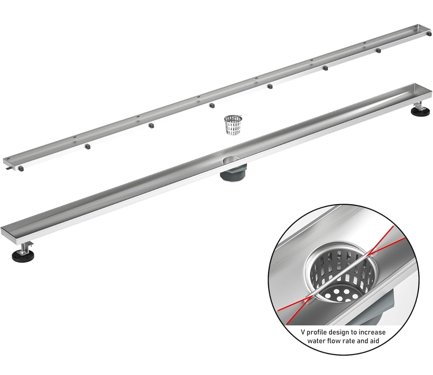 Linear Shower Drain 72" Brushed 304 Stainless Steel | Fast Drainage | Tile Inserted | Stainless Floor Drain Grate | Hair Strainer | Drain Key | The Upgrade for Your Bathroom