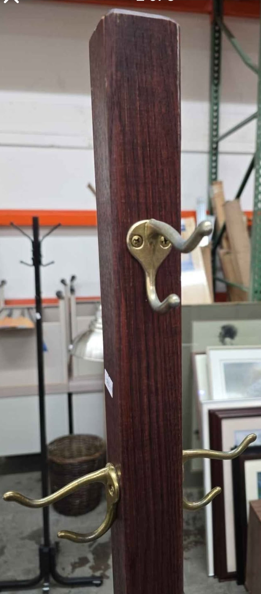 72" Wood Coat Tree/ Coat Rack Brass Colored Hooks