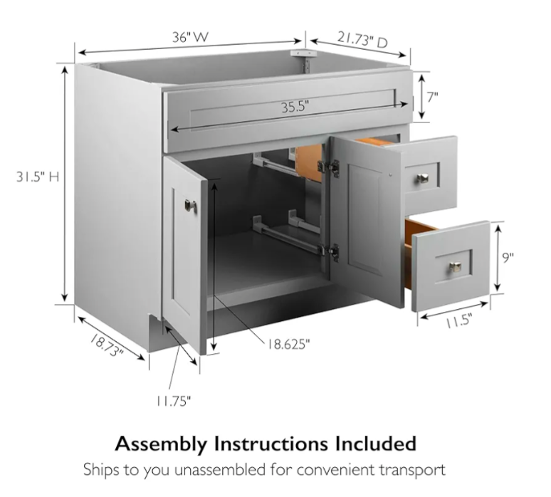 Bath Unassembled Modern 2-Door 2-Drawer Bathroom Shaker Vanity Cabinet Only, 36 x 21,Grey