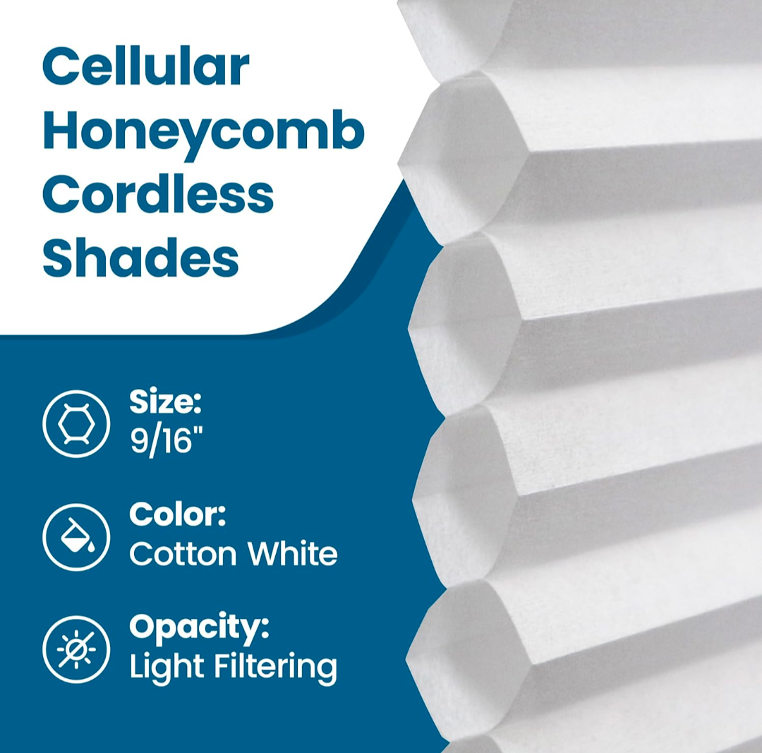 Cordless cellular blinds, white, 70.5 x 48 inches #7265