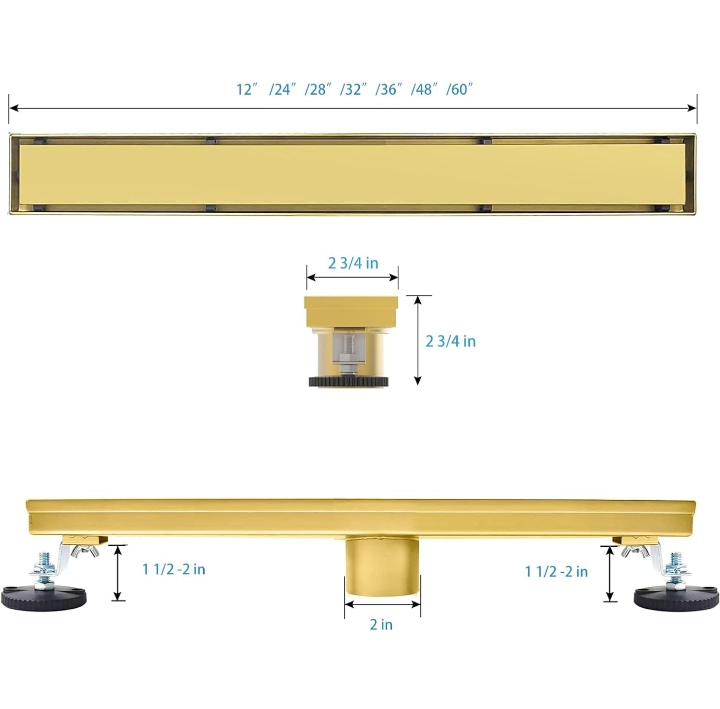 Gold Shower Drain 48 inch with 2 in 1 Tile Insert & Flat Panel, AISI 304 Stainless Steel Shower Floor Drain with Hair Strainer and Leveling Feet