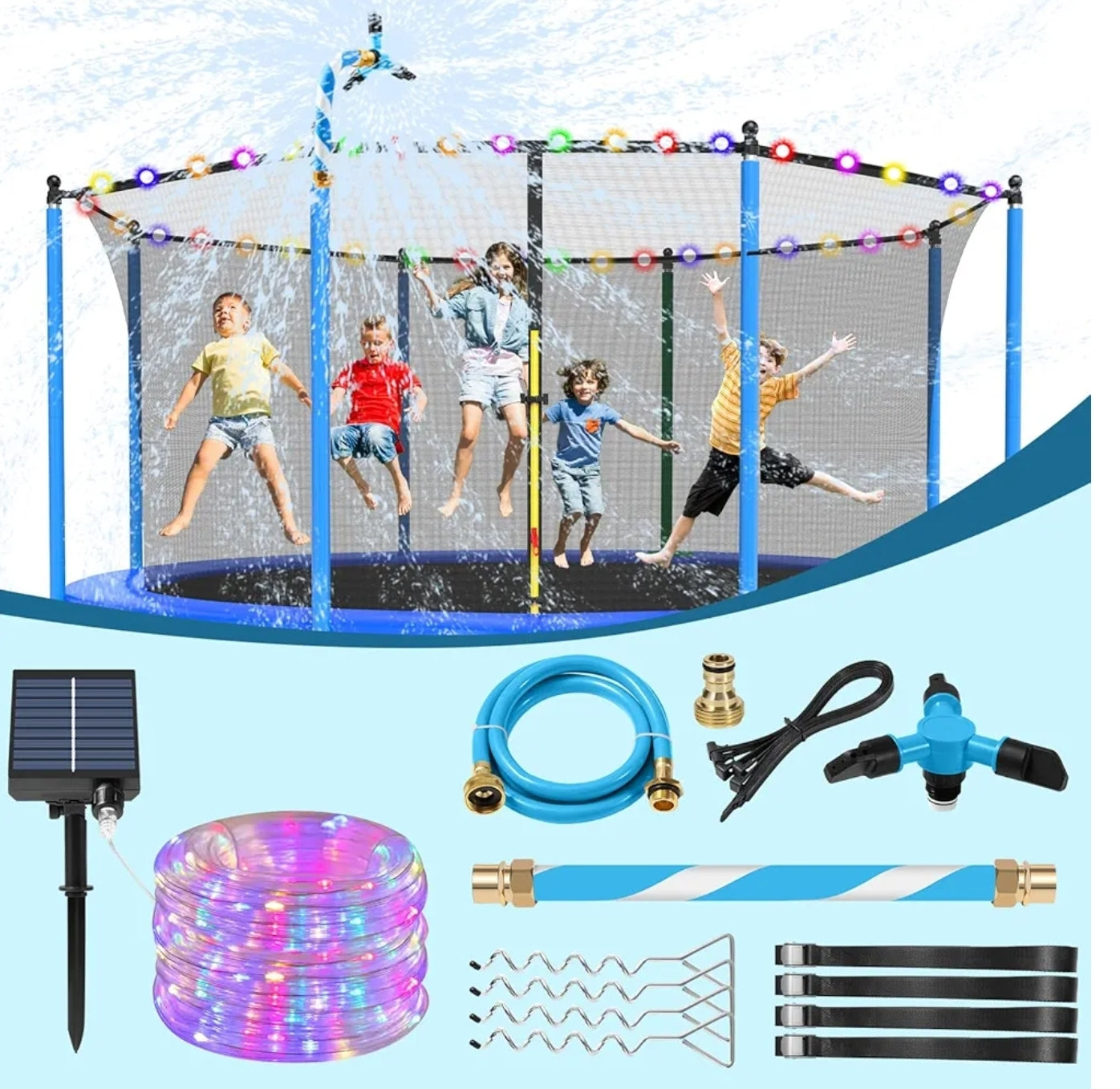 Trampoline Accessories Kit, Trampoline Sprinkler, 50FT Solar Trampoline Lights and Trampoline Stakes, Non-Damaging to Net, Features 8 Light Modes, Compatible with 8 10 12 14 15 16FT Trampoline